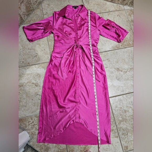 Hers & Mine Hot Pink Satin Tie Front Button Midi Dress Women’s Large Glam Luxe - Picture 7 of 7